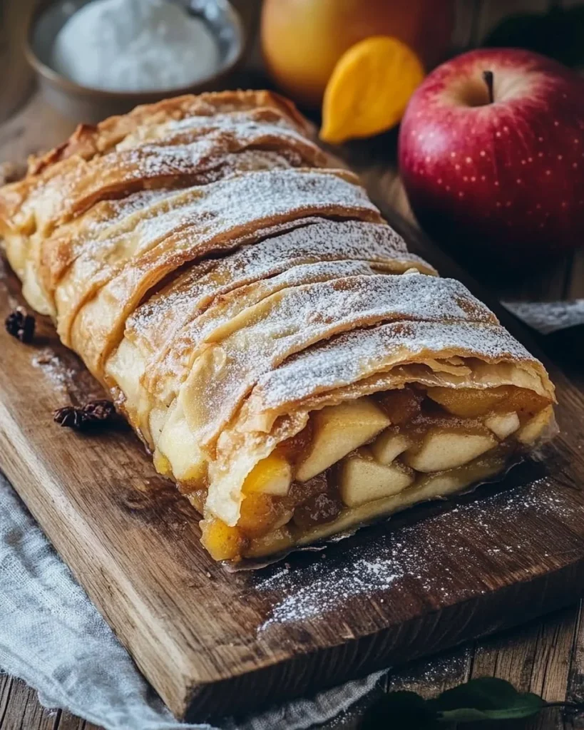 Traditioneller Apfelstrudel mit Äpfeln, Zimt und Blätterteig serviert auf einem Teller.