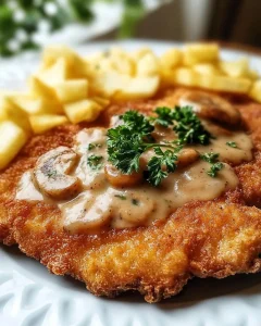 Authentisches Jägerschnitzel mit Pilzsoße und Beilagen auf dem Teller
