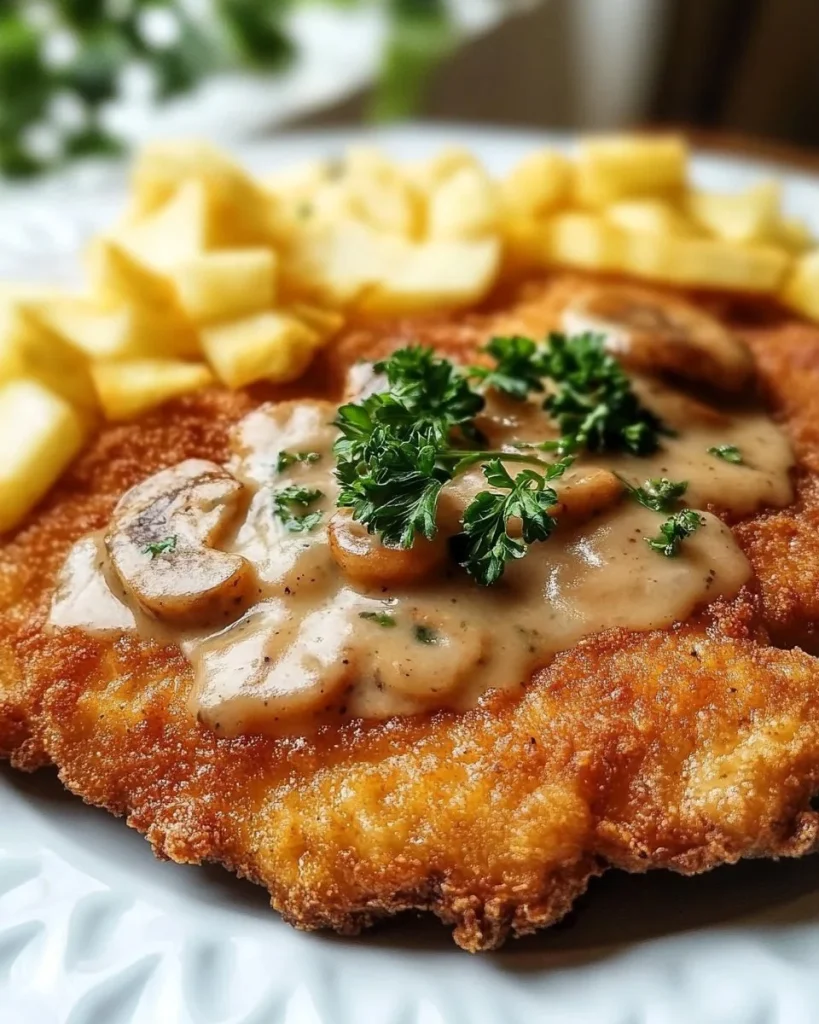 Authentisches Jägerschnitzel mit Pilzsoße und Beilagen auf dem Teller