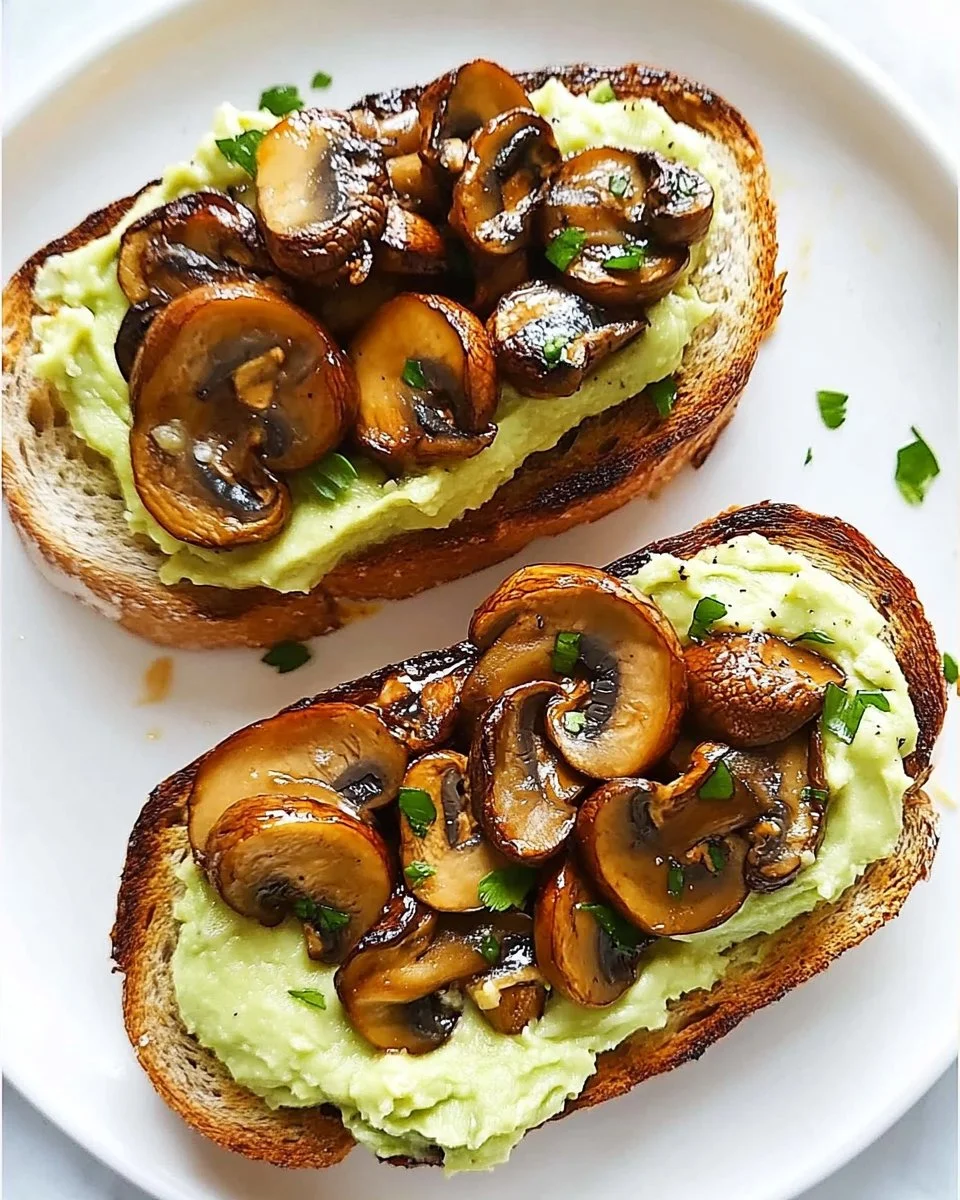 Avocado-Pilz-Brot mit Frischkäse auf einem Holzbrett serviert.