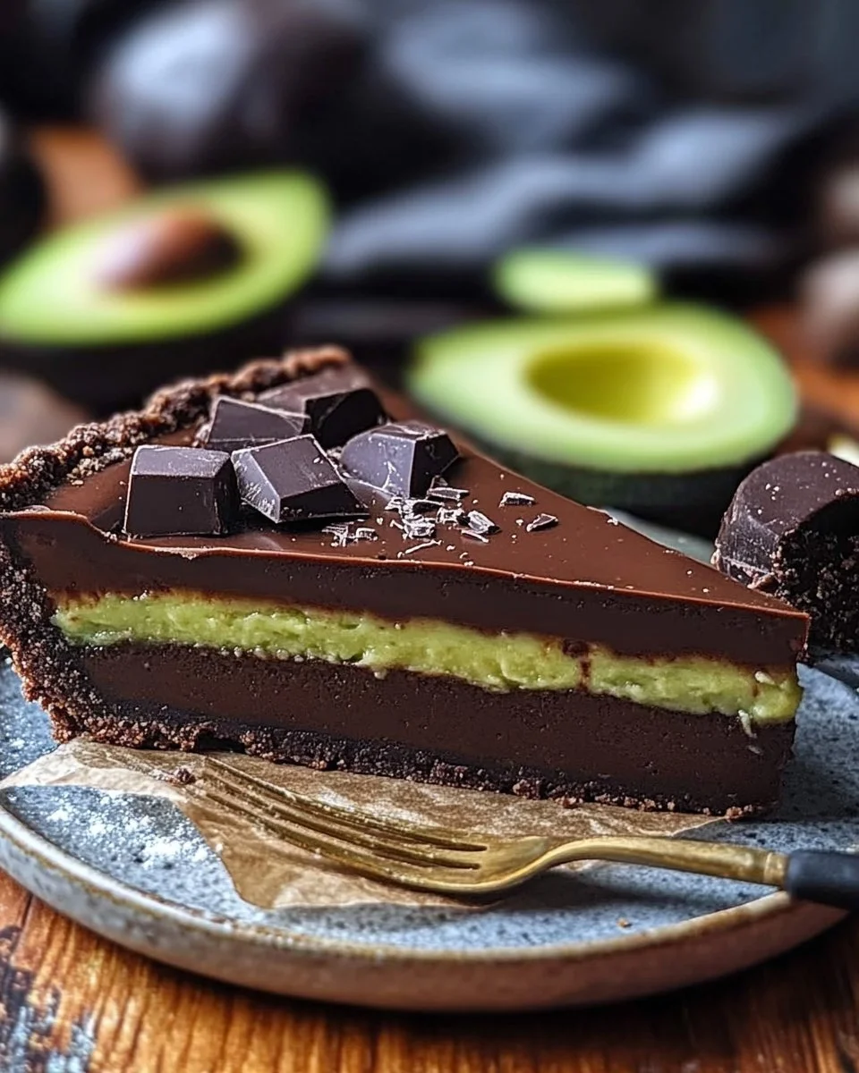 Leckere Avocado-Schoko-Tarte auf einem weißen Teller.