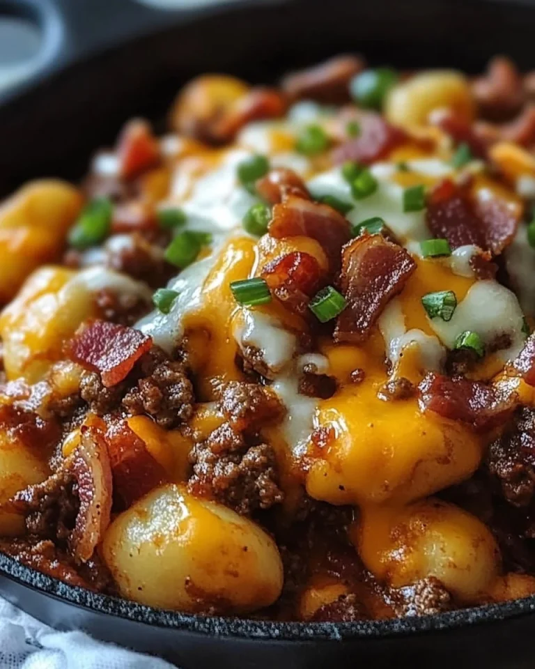 Bacon-Cheeseburger-Gnocchi mit Käse und Speck, serviert in einer Schüssel