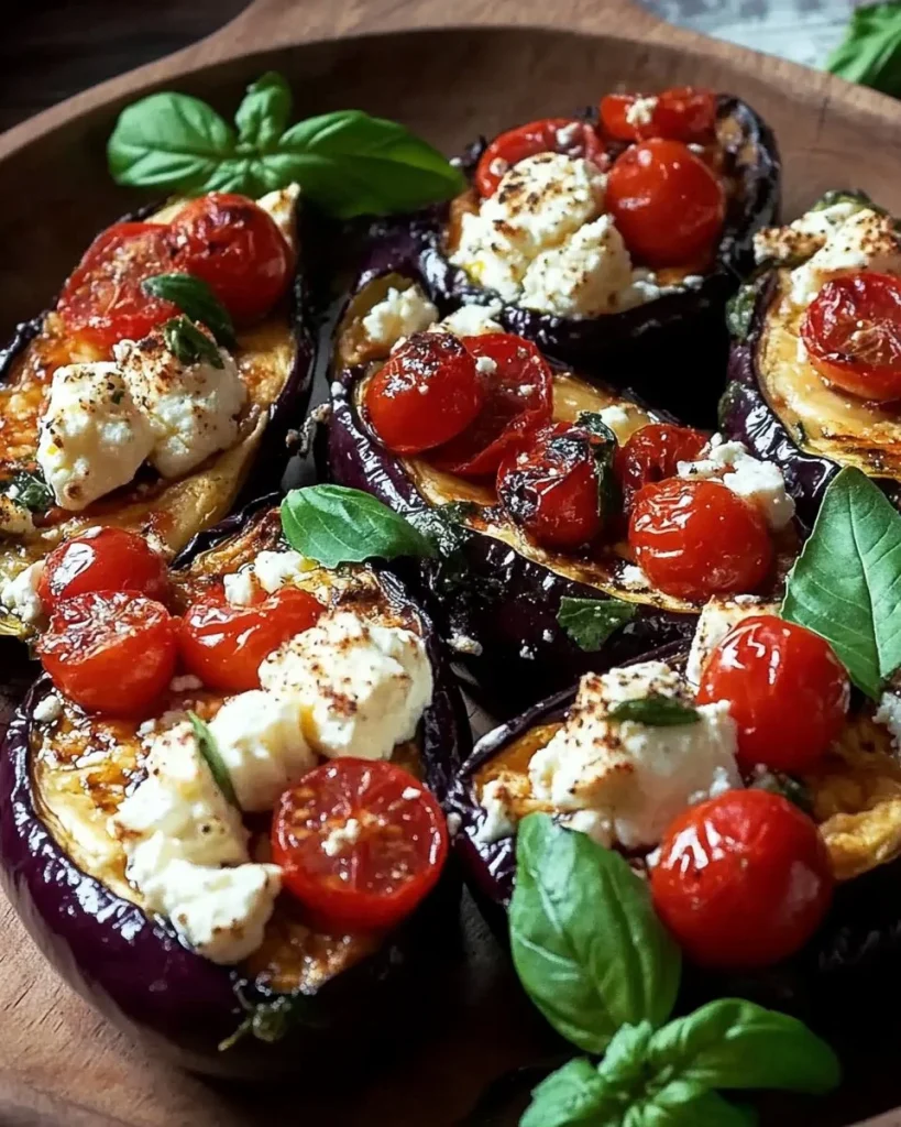 Gebackene Auberginen mit Feta und Kirschtomaten auf einem Teller