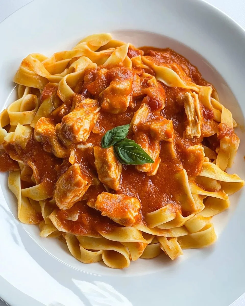 Teller mit Bandnudeln, Hähnchen und Tomaten-Sahnesauce
