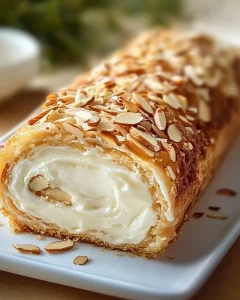 Bienenstich-Biskuitrolle auf einem Teller mit Dekoration