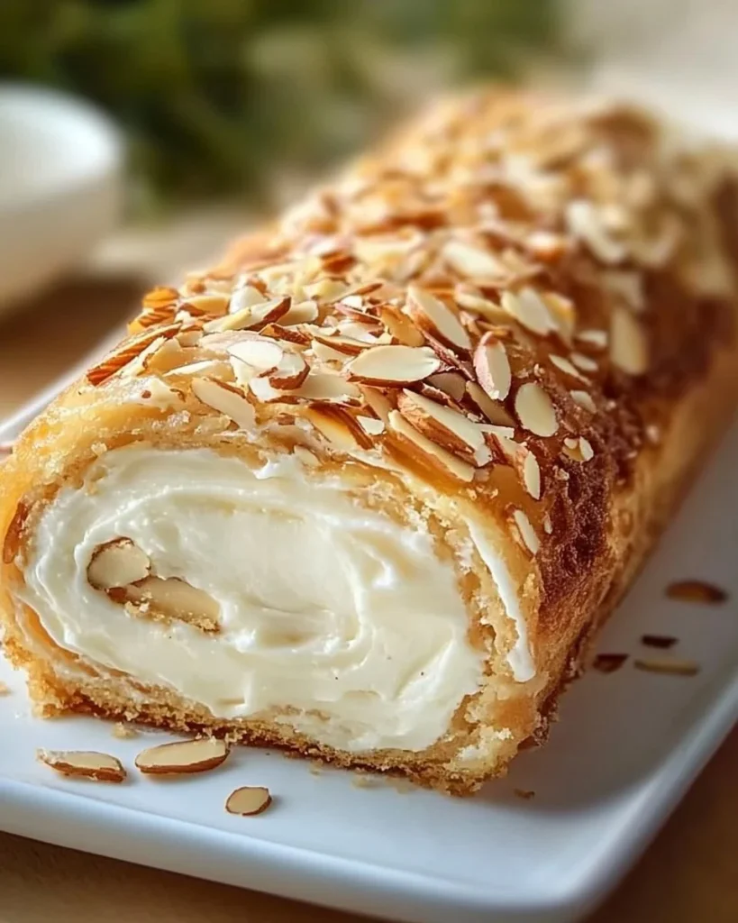 Bienenstich-Biskuitrolle auf einem Teller mit Dekoration