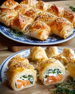 Blätterteig Räucherlachsröllchen auf einem eleganten Servierteller