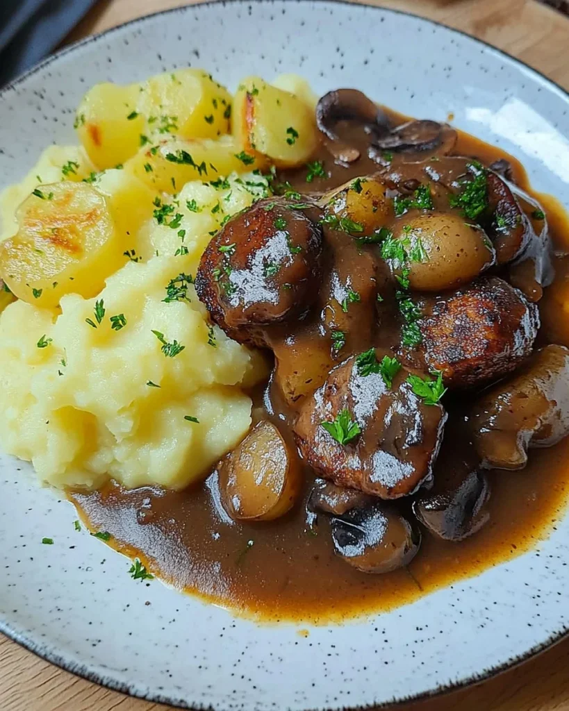 Bouletten mit Champignon-Waldpilzsoße und Kartoffeln serviert auf einem Teller