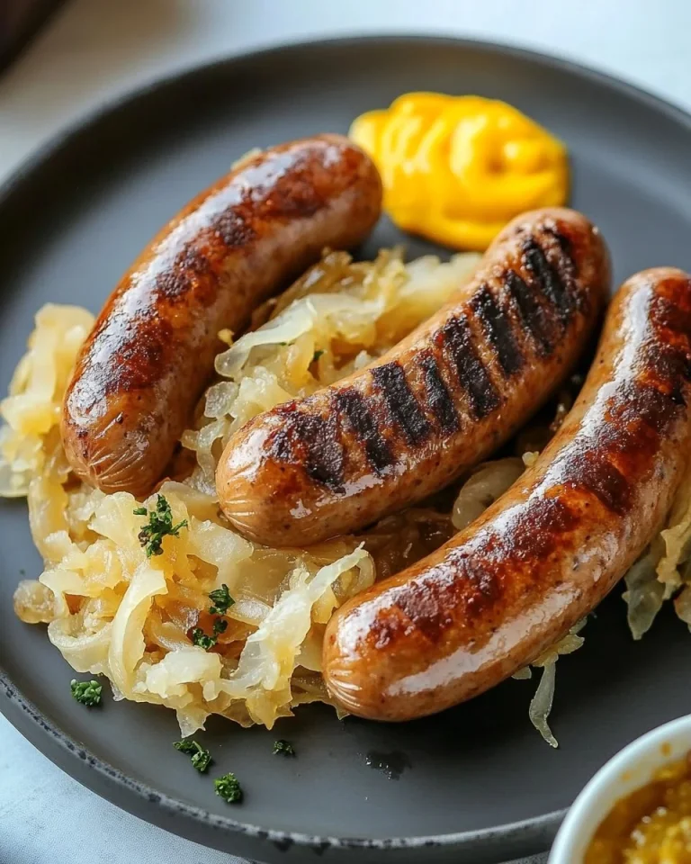 Bratwurst mit Sauerkraut auf einem Teller serviert.