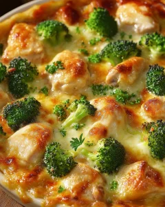 Brokkoli-Hähnchen-Auflauf mit Frischkäse und Mozzarella auf einem Teller serviert