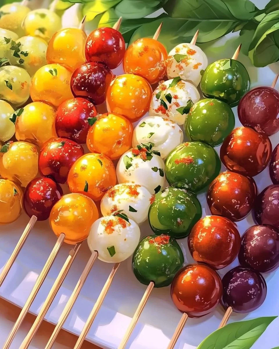 Bunte Antipasti-Spieße mit Honig-Senf-Marinade auf einem Tisch