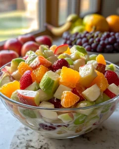 Bunter Fruchtsalat mit Joghurt in einer Schale serviert