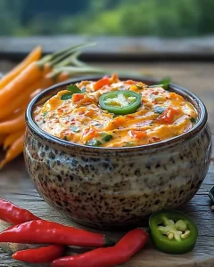 Bunter Paprika-Käse-Dip mit Jalapeños in einer Schüssel