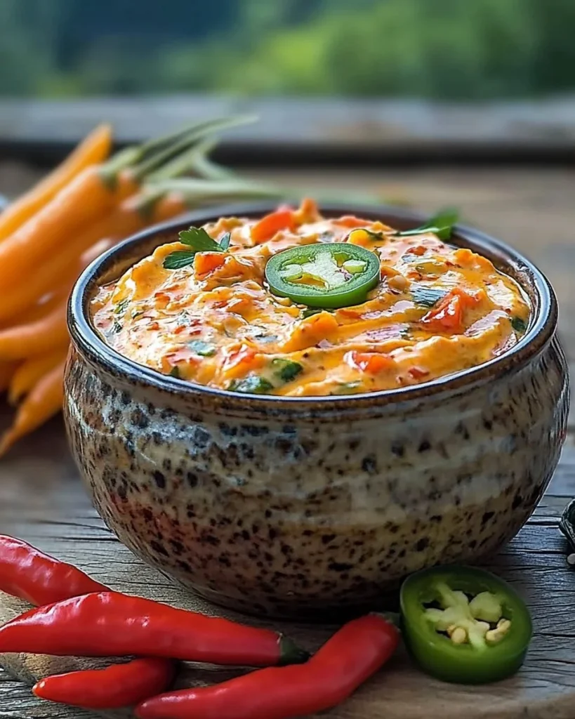 Bunter Paprika-Käse-Dip mit Jalapeños in einer Schüssel