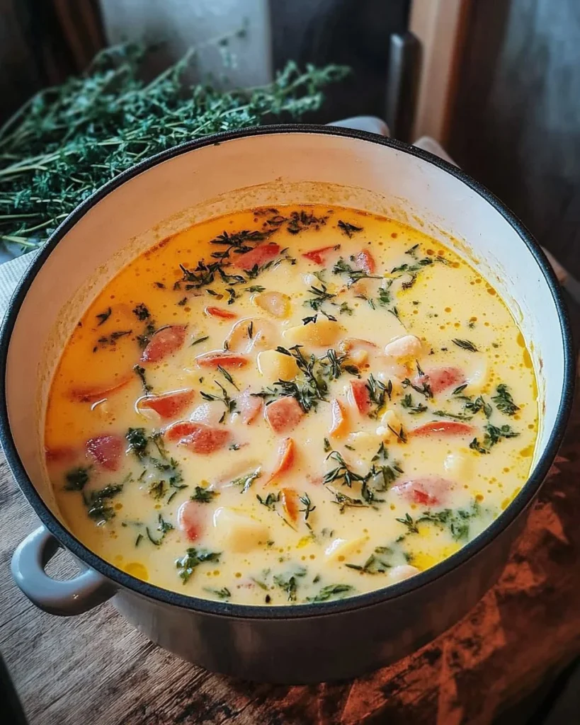 Schüssel mit Cabanossi-Käse-Suppe, herzhaft und lecker