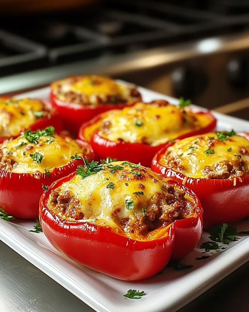 Cremig gefüllte Paprikaschiffchen auf einem Tomatenmeer serviert.