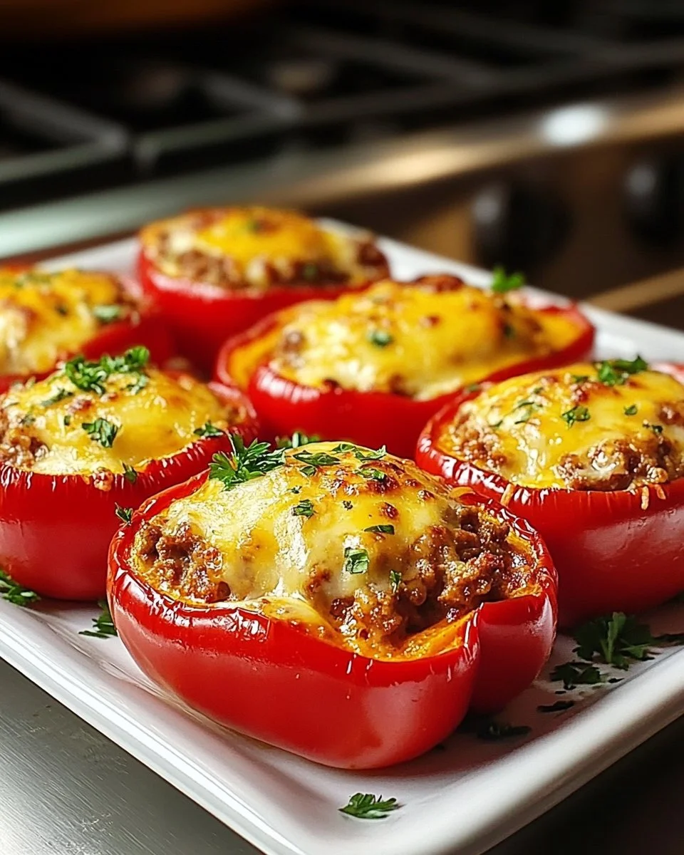 Cremig gefüllte Paprikaschiffchen auf einem Tomatenmeer serviert.