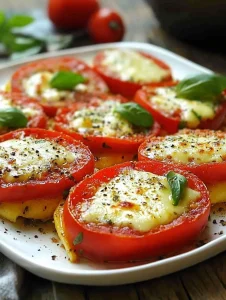 Cremig gefüllte Paprikaschiffchen auf Tomatenmeer serviert auf einem Teller.