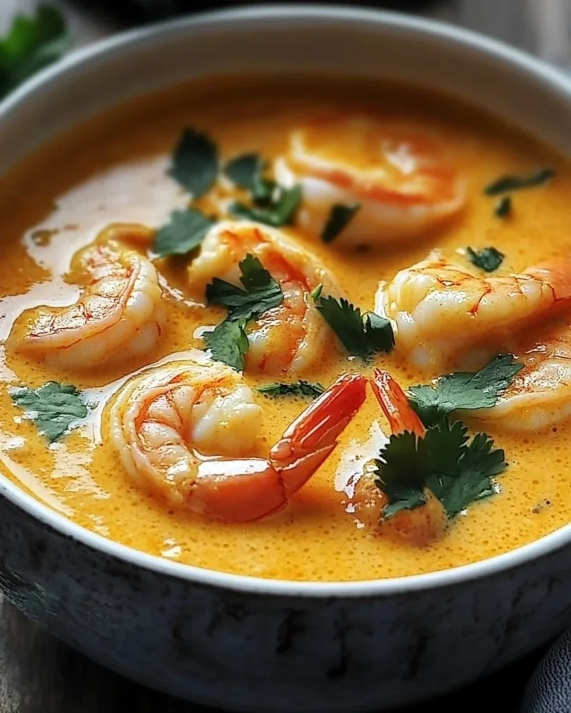 Cremige Kokos-Curry-Suppe mit Garnelen in einer Schale serviert