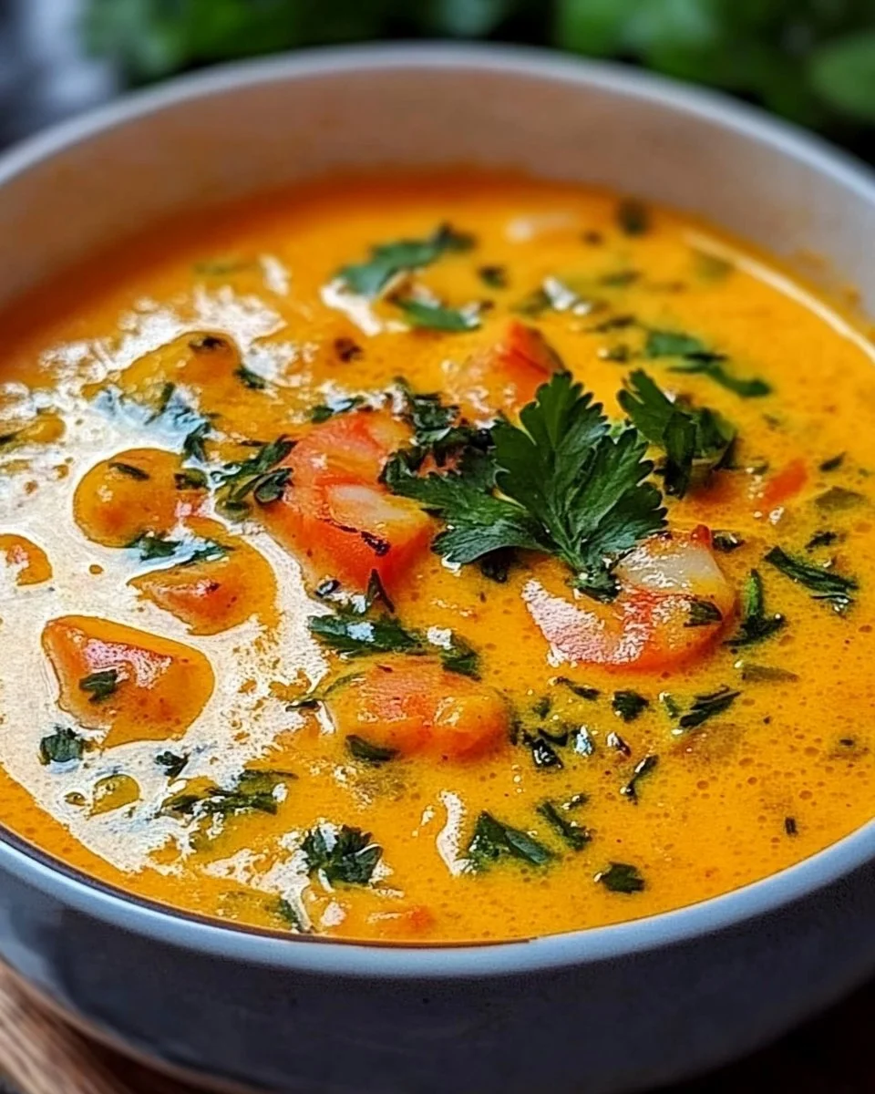 Cremige Kokos-Curry-Suppe mit Garnelen in einer Schüssel serviert