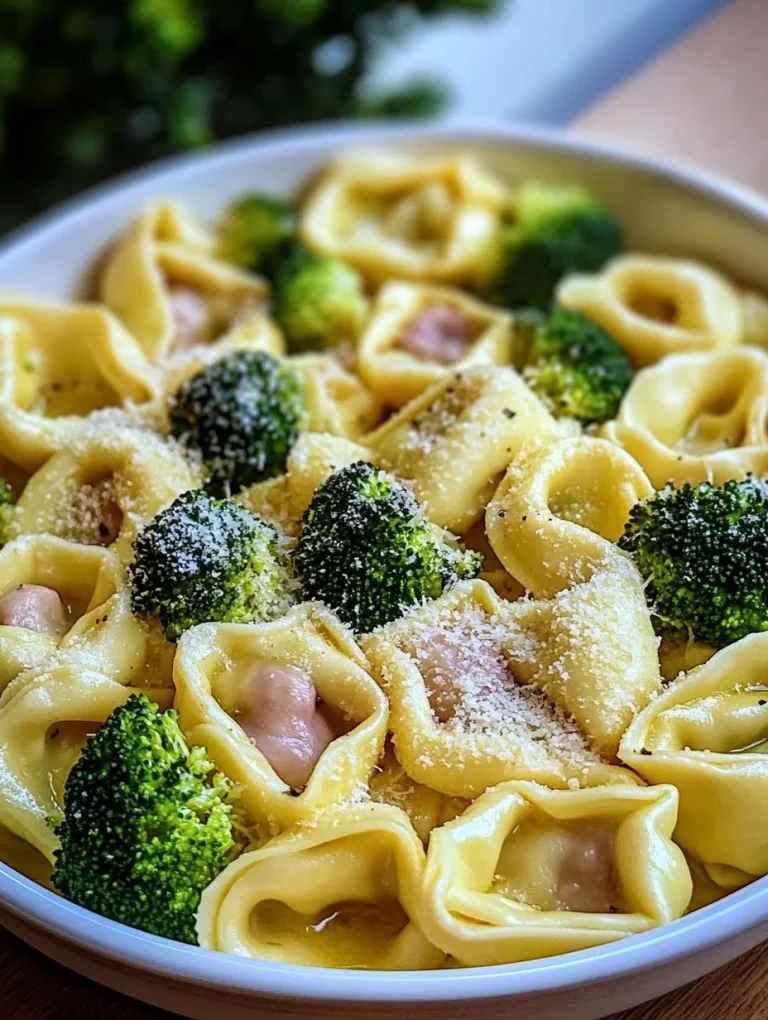 Cremiger Tortellini-Auflauf mit Brokkoli auf einem Teller serviert