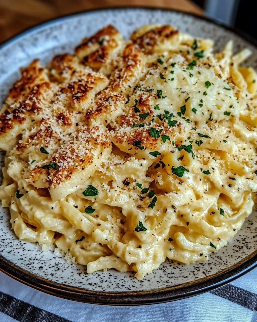 Cremiges Knoblauch-Parmesan-Hähnchen mit Dreh-Pasta auf einem Teller.
