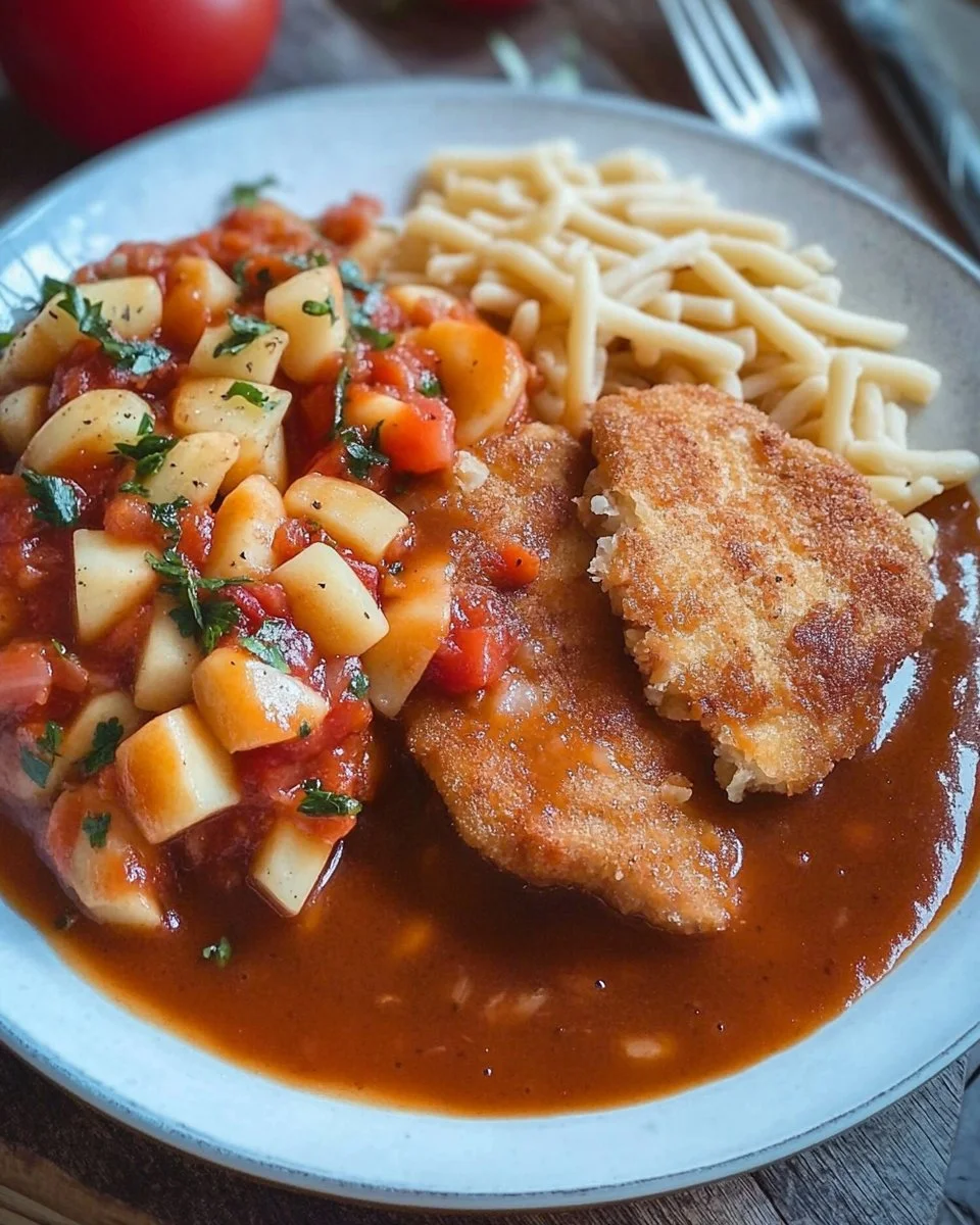 DDR Makkaroni Jägerschnitzel mit Tomatensoße auf einem Teller serviert.