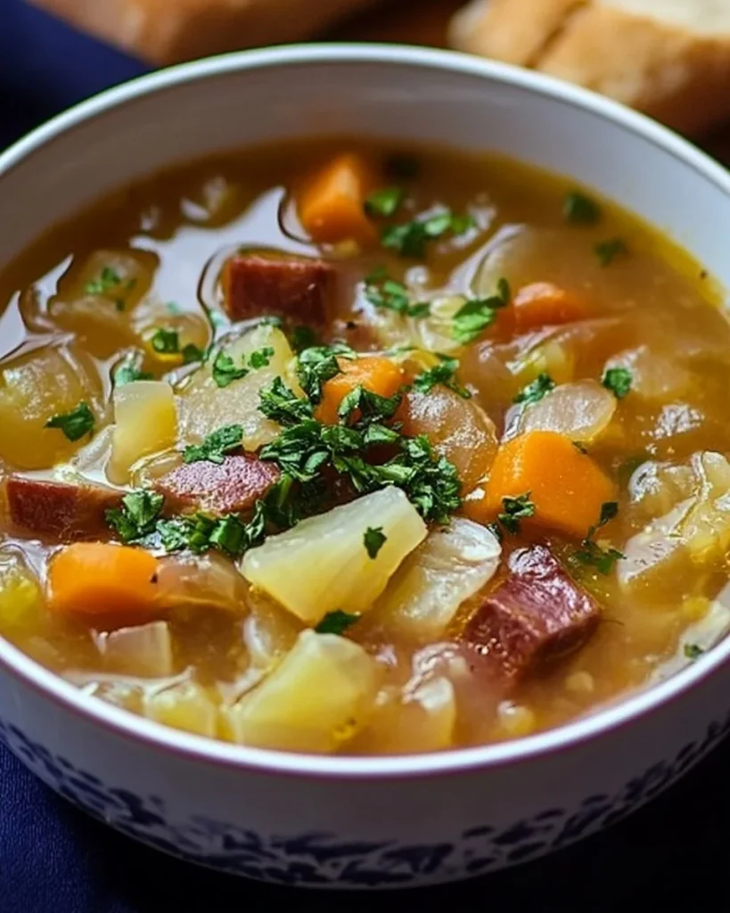 Schüssel mit leckerer Deutscher Sauerkrautsuppe mit frischen Zutaten.