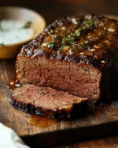 Deutscher Hackbraten auf einem Teller serviert mit Beilagen.