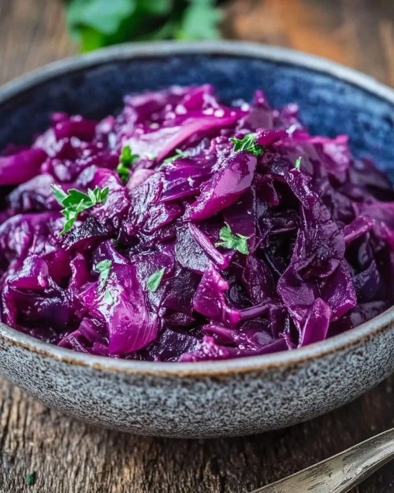 Traditioneller deutscher Rotkohl auf einem Teller serviert