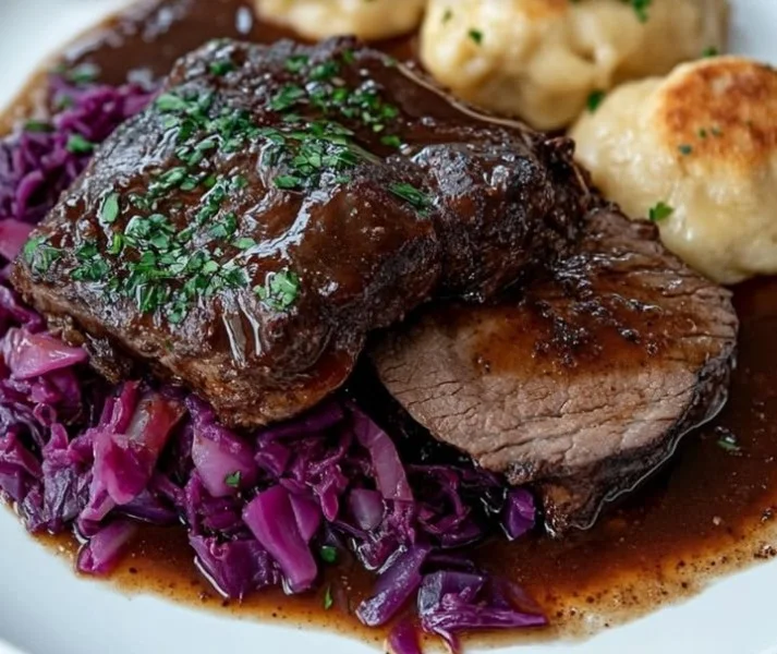 Deutscher Sauerbraten serviert mit Beilagen und Soße.