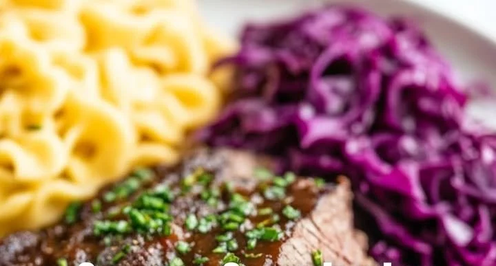 Deutscher Sauerbraten mit Beilagen auf einem Teller serviert.