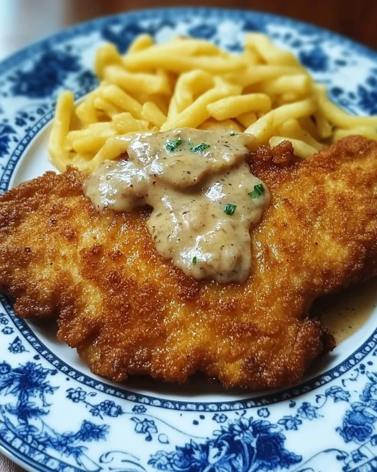 Paniertes Jägerschnitzel mit Pilzsauce und Beilagen auf einem Teller.
