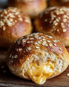 Käse-Haferflockenbrötchen auf einem Holzbrett serviert