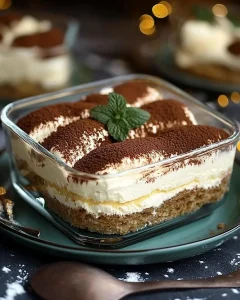 Eierlikör-Tiramisu mit Mascarpone auf einem eleganten Dessertteller