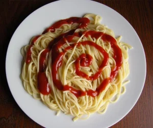 Ein Teller einfacher Nudeln mit Ketchup angerichtet