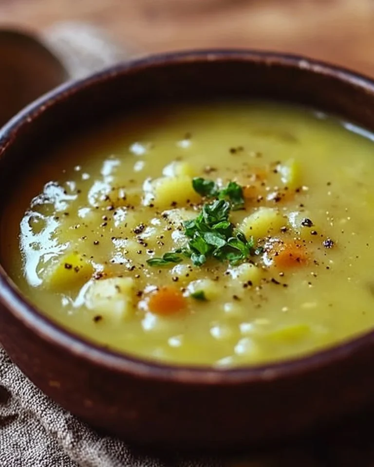 Schüssel mit dampfender Erbsensuppe, garniert mit frischer Petersilie.