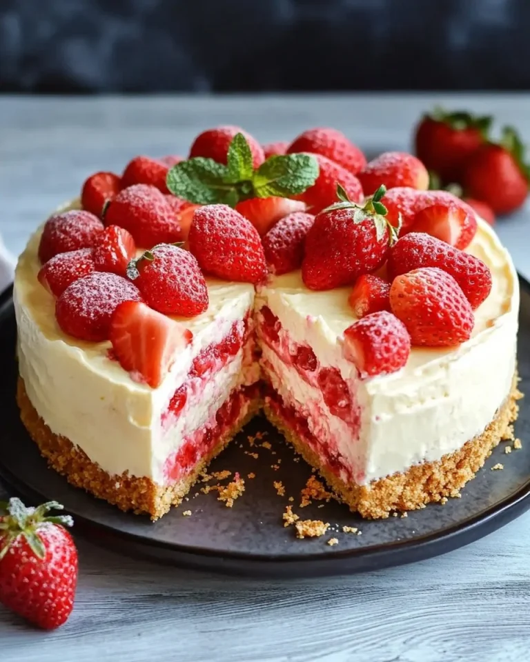 Erdbeer-Cheesecake mit knusprigem Boden, leicht und ohne Backen zubereitet.