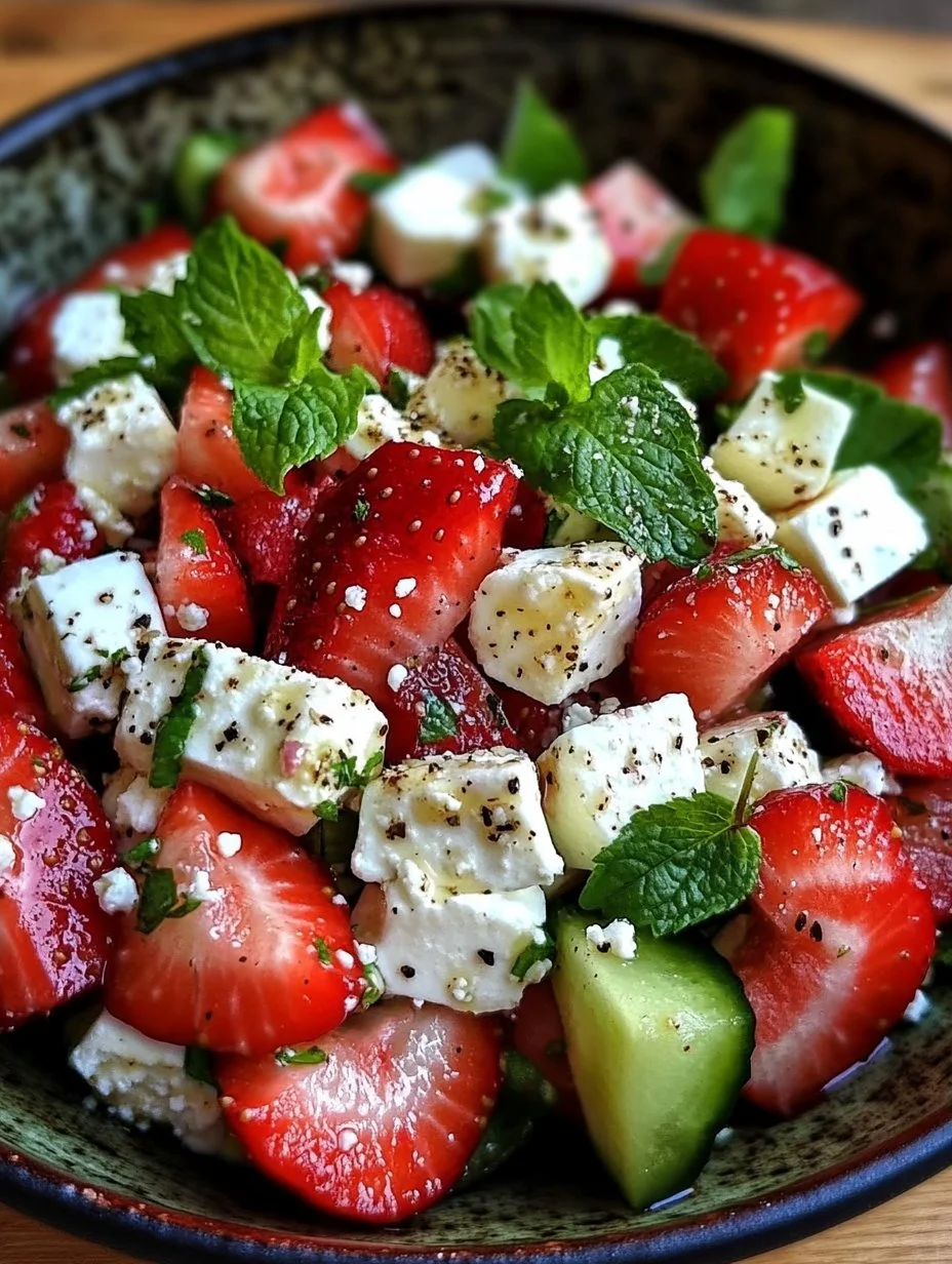 Erdbeer-Gurken-Salat mit Minze und Feta in einer Schüssel