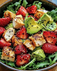Erdbeer-Hähnchen-Salat mit Avocado und Burrata in einer bunten Schüssel