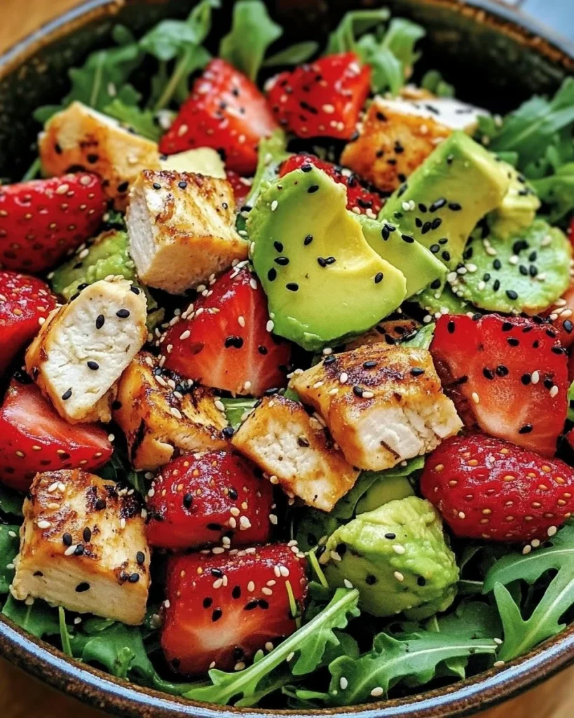 Erdbeer-Hähnchen-Salat mit Avocado und Burrata in einer bunten Schüssel