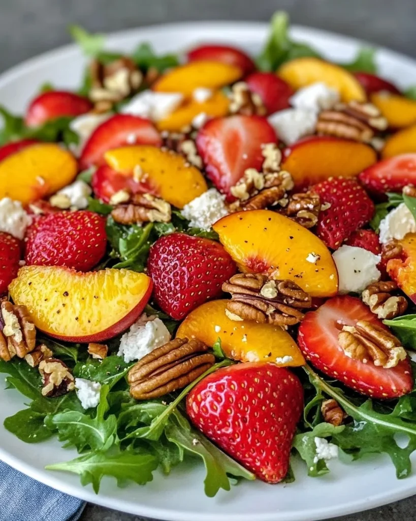 Erdbeer-Pfirsich-Salat mit Honig-Zitronen-Vinaigrette auf einem Teller