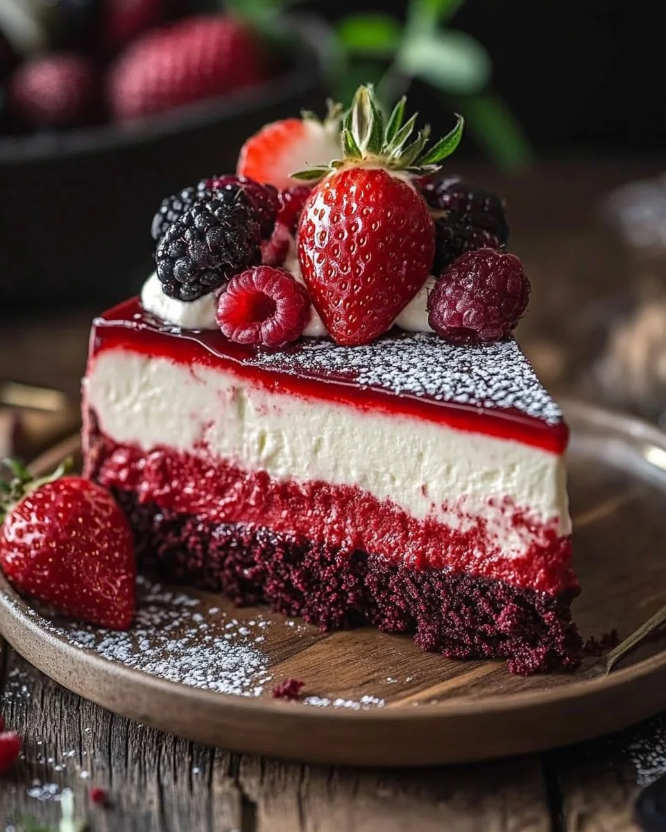 Erdbeer-Rotvelvet-Cheesecake mit frischen Erdbeeren und Sahne dekoriert.
