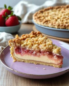 Erdbeer Streuselkuchen mit Vanillepudding auf einem Teller