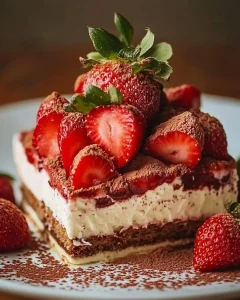 Leckeres Erdbeer-Tiramisu auf einem weißen Teller serviert