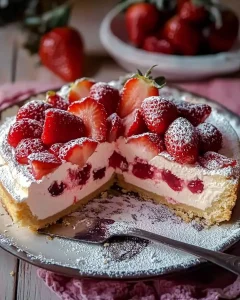 Erdbeerkuchen mit Schmand auf einem Teller garniert mit frischen Erdbeeren