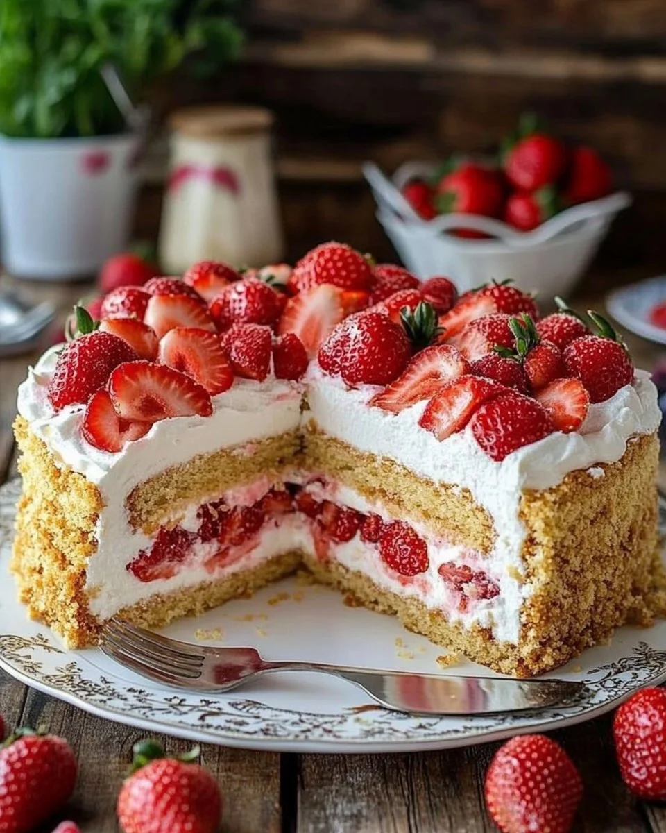 Erdbeerkuchen ohne Backen mit frischen Erdbeeren und Sahne