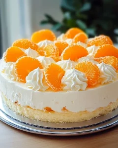 Fantakuchen mit Mandarinen und Vanillecreme auf einem Teller angerichtet