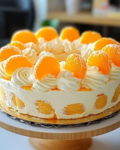 Fantakuchen mit Mandarinen und Vanillecreme auf einem weißen Teller