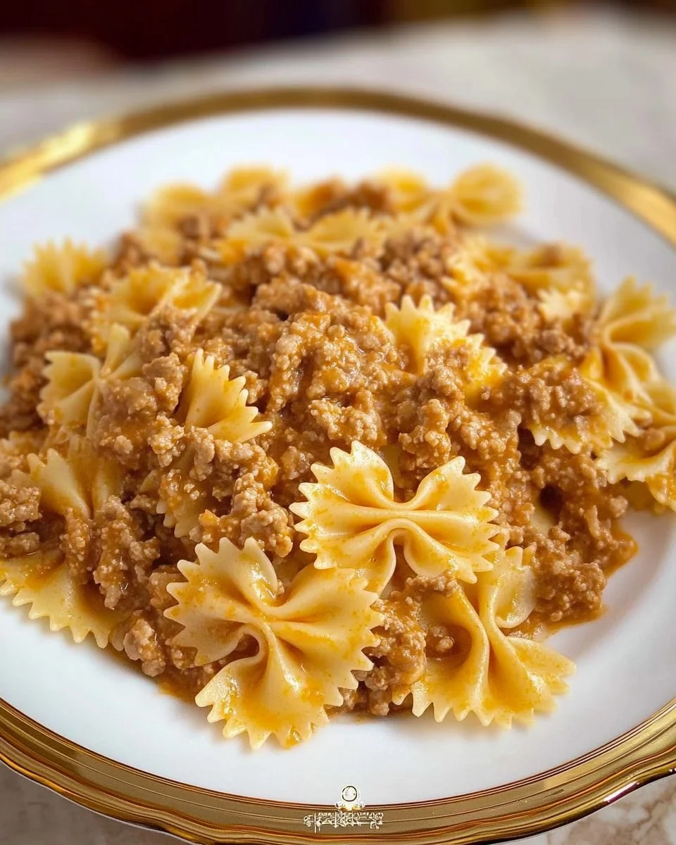 Farfalle mit Hackfleisch in einer cremigen Tomatensauce serviert